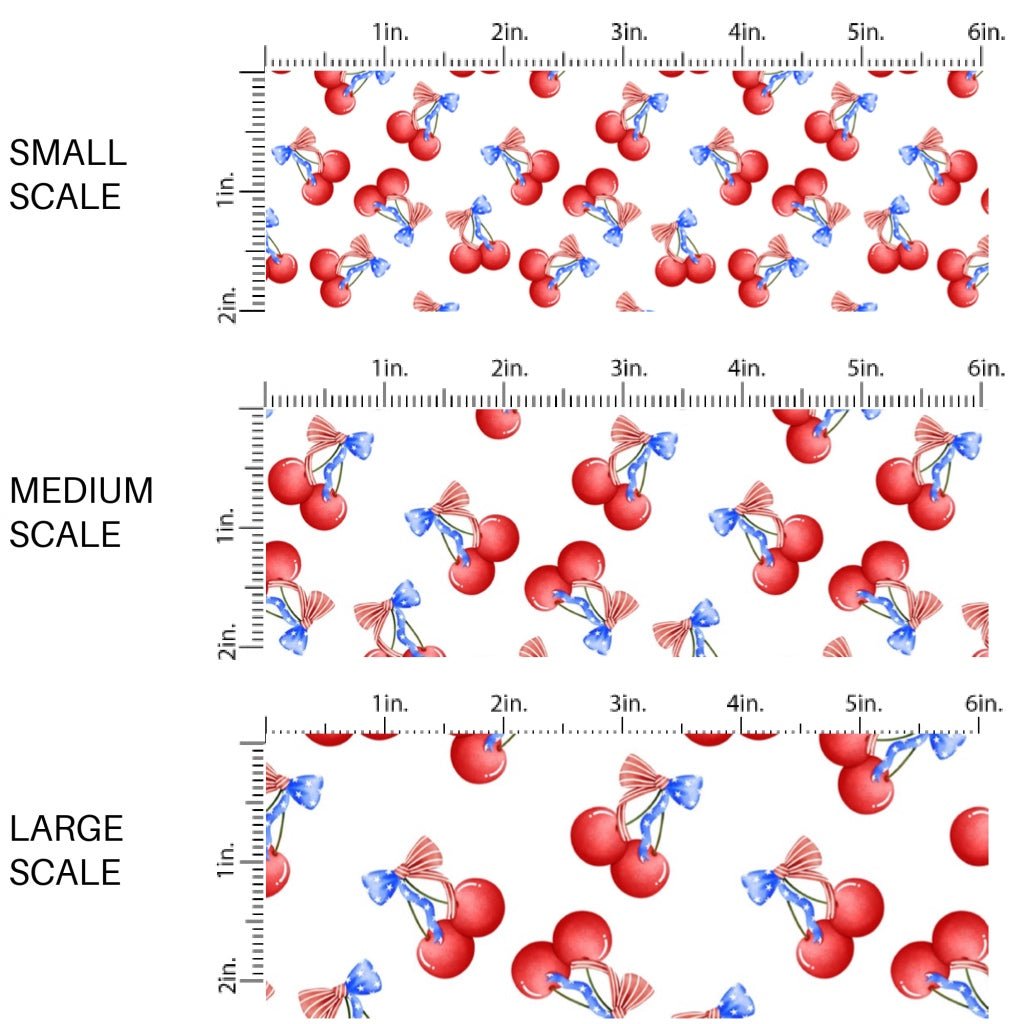These patriotic fabric by the yard features American flag bows on cherries. This fun pattern fabric can be used for all your sewing and crafting needs!