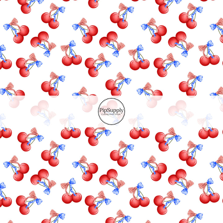 These patriotic fabric by the yard features American flag bows on cherries. This fun pattern fabric can be used for all your sewing and crafting needs!