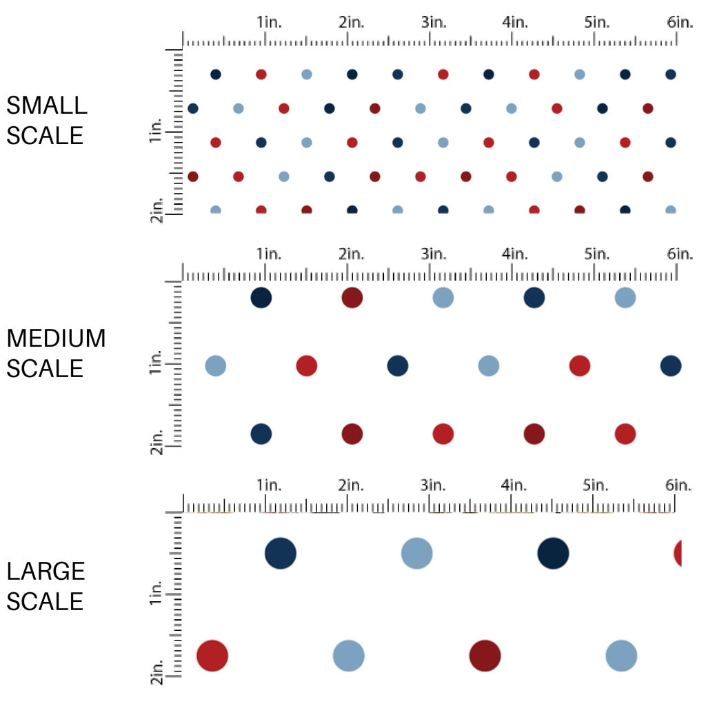 This scale chart of small scale, medium scale, and large scale of this 4th of July fabric by the yard features patriotic red and blue dots on cream. This fun patriotic themed fabric can be used for all your sewing and crafting needs!