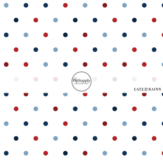 This 4th of July fabric by the yard features patriotic red and blue dots on cream. This fun patriotic themed fabric can be used for all your sewing and crafting needs!