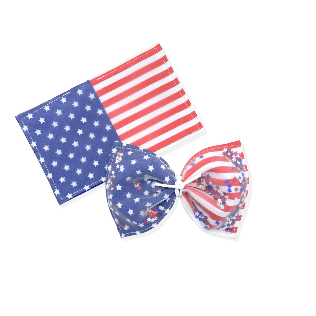 These American Flag shaker bows have three layers which consist of felt, satin and organza fabrics. Bows have a stiffer felt in the back to hold their shape. There is a tiny opening at the bottom of the felts where glitter and clay can be added to create a fun shaker bow.