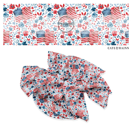 These 4th of July themed no sew bow strips can be easily tied and attached to a clip for a finished hair bow. These patterned bow strips are great for personal use or to sell. These bow strips feature American flags surrounded by patriotic red and blue flowers on cream.