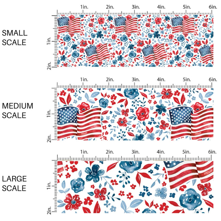 This 4th of July fabric by the yard features American flags surrounded by patriotic red and blue flowers on cream. This fun patriotic themed fabric can be used for all your sewing and crafting needs!