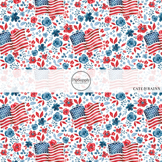 This 4th of July fabric by the yard features American flags surrounded by patriotic red and blue flowers on cream. This fun patriotic themed fabric can be used for all your sewing and crafting needs!