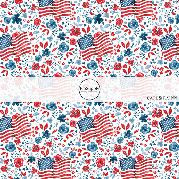 This 4th of July fabric by the yard features American flags surrounded by patriotic red and blue flowers on cream. This fun patriotic themed fabric can be used for all your sewing and crafting needs!