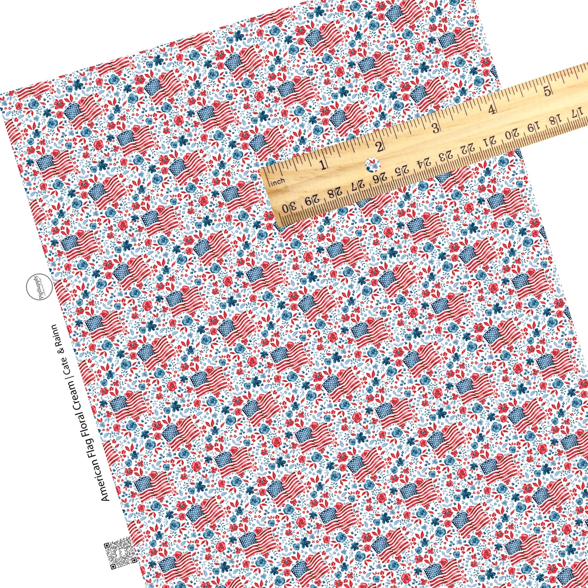These 4th of July faux leather sheets contain the following design elements: American flags surrounded by patriotic red and blue flowers on cream. Our CPSIA compliant faux leather sheets or rolls can be used for all types of crafting projects.