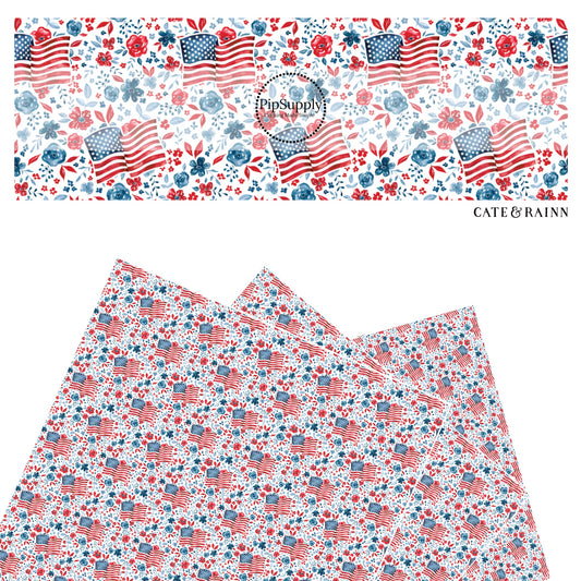 These 4th of July faux leather sheets contain the following design elements: American flags surrounded by patriotic red and blue flowers on cream. Our CPSIA compliant faux leather sheets or rolls can be used for all types of crafting projects.