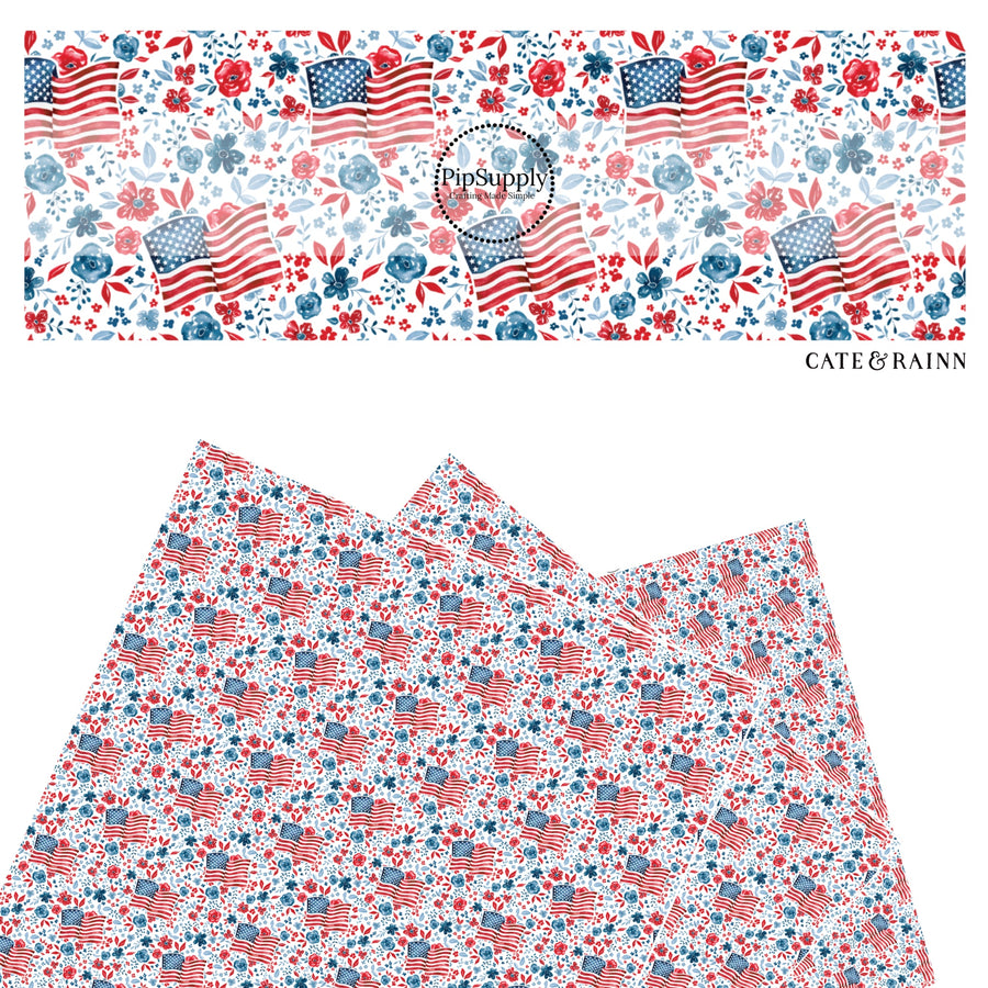 These 4th of July faux leather sheets contain the following design elements: American flags surrounded by patriotic red and blue flowers on cream. Our CPSIA compliant faux leather sheets or rolls can be used for all types of crafting projects.