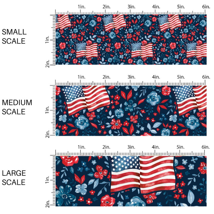 This scale chart of small scale, medium scale, and large scale of this 4th of July fabric by the yard features American flags surrounded by patriotic red and blue flowers on navy. This fun patriotic themed fabric can be used for all your sewing and crafting needs!