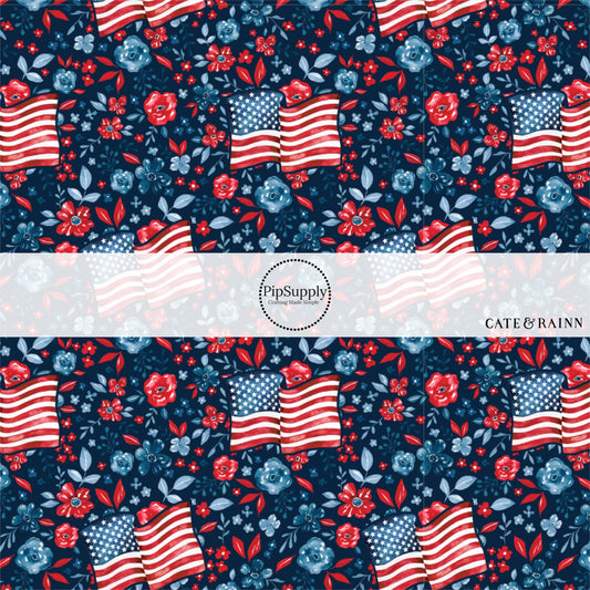 This 4th of July fabric by the yard features American flags surrounded by patriotic red and blue flowers on navy. This fun patriotic themed fabric can be used for all your sewing and crafting needs!