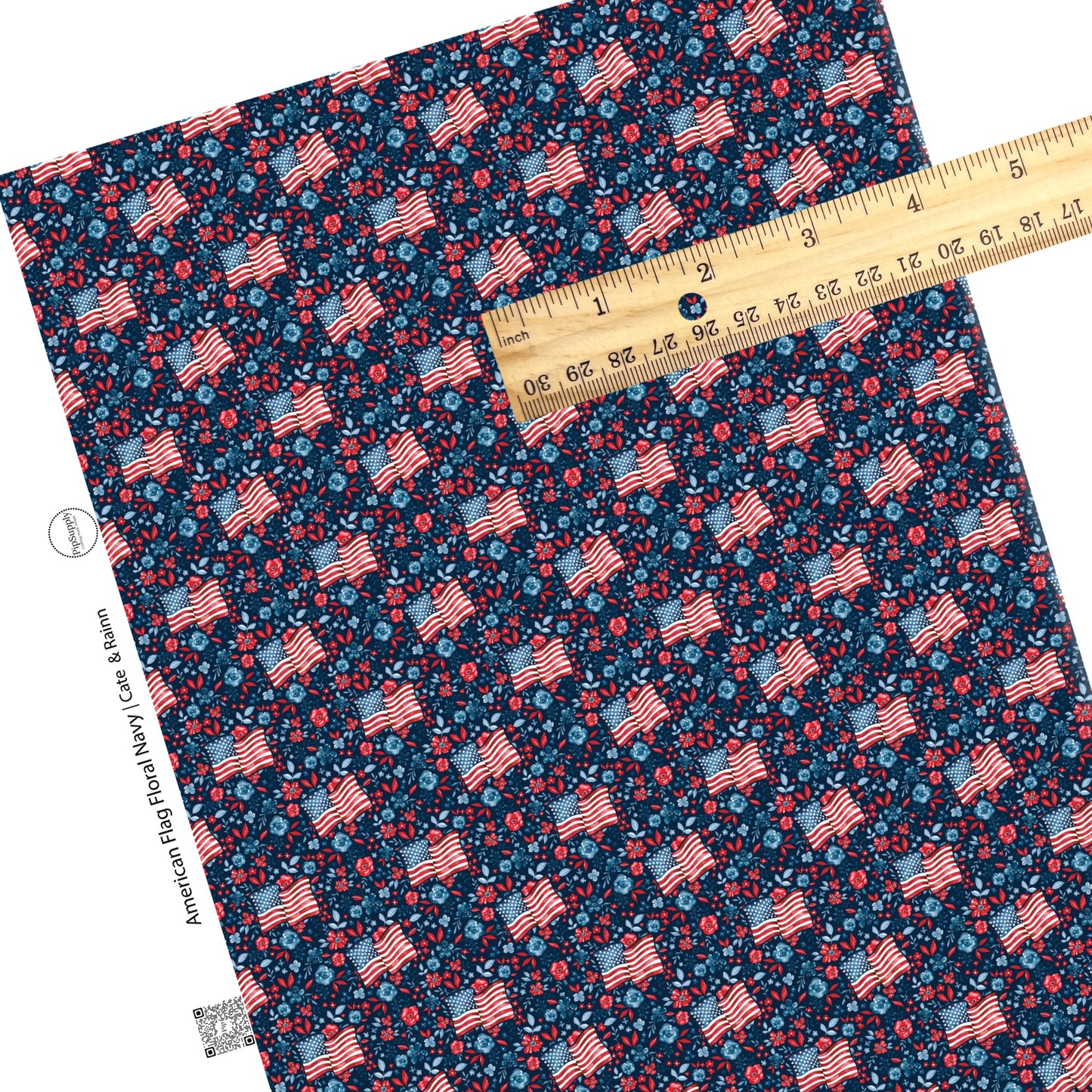 These 4th of July faux leather sheets contain the following design elements: American flags surrounded by patriotic red and blue flowers on navy. Our CPSIA compliant faux leather sheets or rolls can be used for all types of crafting projects.