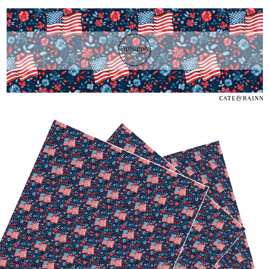 These 4th of July faux leather sheets contain the following design elements: American flags surrounded by patriotic red and blue flowers on navy. Our CPSIA compliant faux leather sheets or rolls can be used for all types of crafting projects.