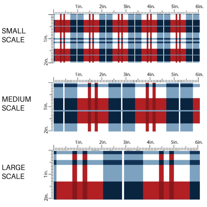 This scale chart of small scale, medium scale, and large scale of this 4th of July fabric by the yard features patriotic red, white, and blue plaid. This fun patriotic themed fabric can be used for all your sewing and crafting needs!