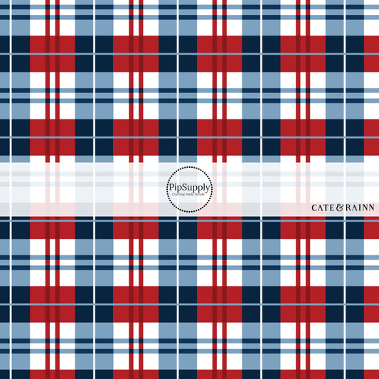 This 4th of July fabric by the yard features patriotic red, white, and blue plaid. This fun patriotic themed fabric can be used for all your sewing and crafting needs!