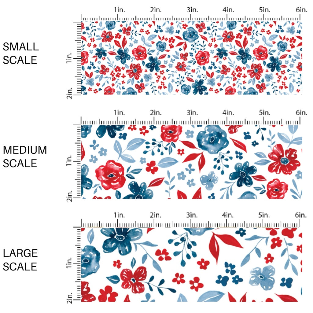 This scale chart of small scale, medium scale, and large scale of this 4th of July fabric by the yard features patriotic red and blue flowers on cream. This fun patriotic themed fabric can be used for all your sewing and crafting needs!