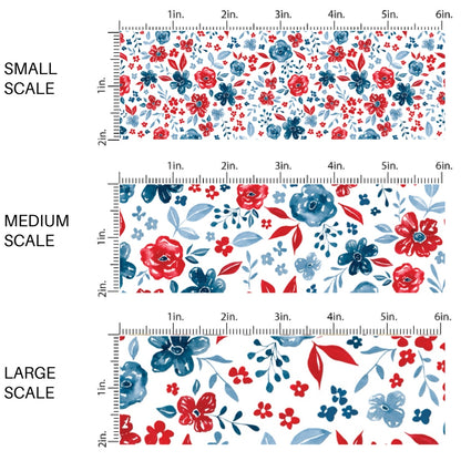 This scale chart of small scale, medium scale, and large scale of this 4th of July fabric by the yard features patriotic red and blue flowers on cream. This fun patriotic themed fabric can be used for all your sewing and crafting needs!