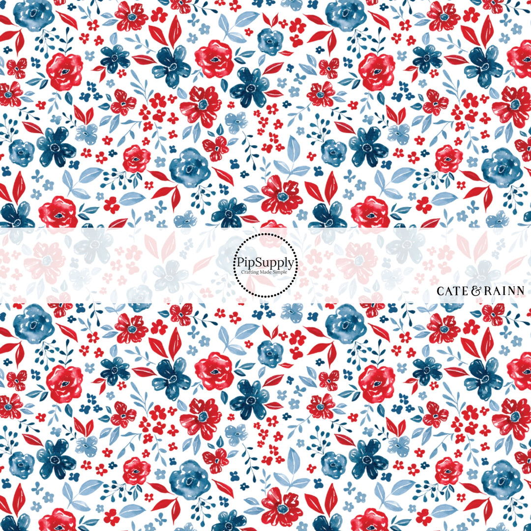 This 4th of July fabric by the yard features patriotic red and blue flowers on cream. This fun patriotic themed fabric can be used for all your sewing and crafting needs!