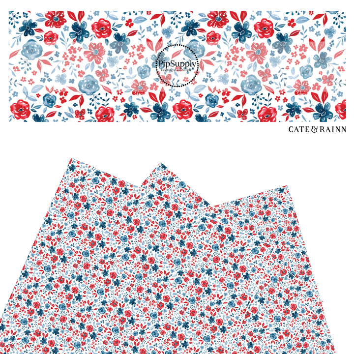 These 4th of July faux leather sheets contain the following design elements: patriotic red and blue flowers on cream. Our CPSIA compliant faux leather sheets or rolls can be used for all types of crafting projects.