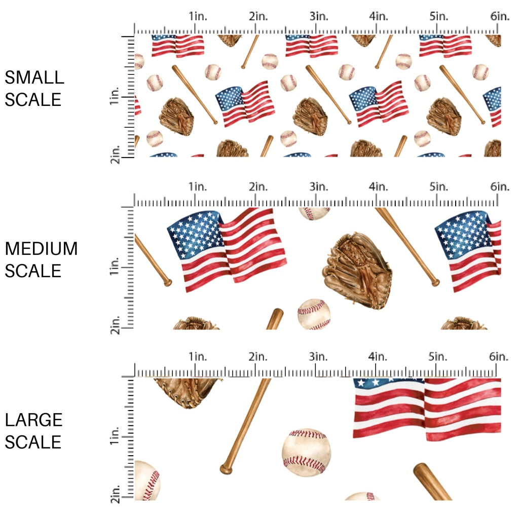 This scale chart of small scale, medium scale, and large scale of this 4th of July fabric by the yard features baseball and American flags on cream. This fun patriotic themed fabric can be used for all your sewing and crafting needs!