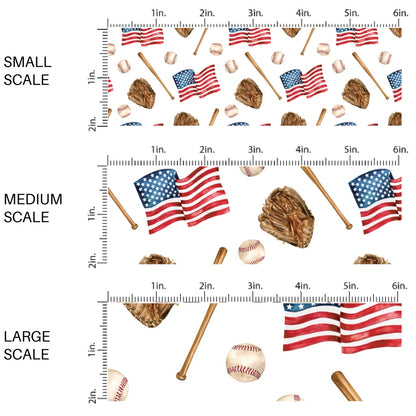 This scale chart of small scale, medium scale, and large scale of this 4th of July fabric by the yard features baseball and American flags on cream. This fun patriotic themed fabric can be used for all your sewing and crafting needs!