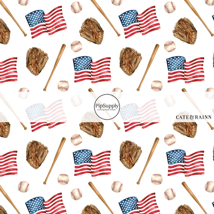 This 4th of July fabric by the yard features baseball and American flags on cream. This fun patriotic themed fabric can be used for all your sewing and crafting needs!