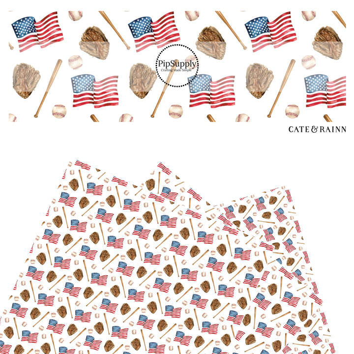 These 4th of July faux leather sheets contain the following design elements: baseball and American flags on cream. Our CPSIA compliant faux leather sheets or rolls can be used for all types of crafting projects.