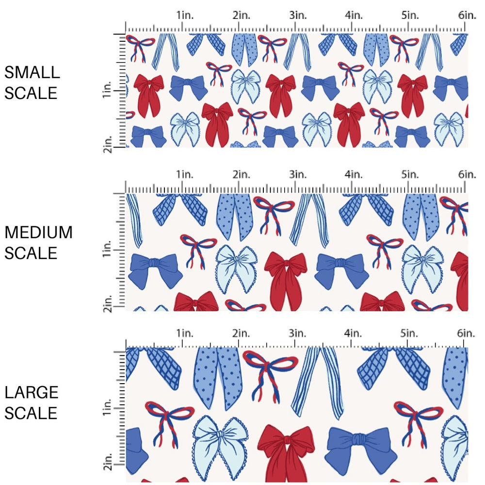 These patriotic fabric by the yard features red and blue bows. This fun pattern fabric can be used for all your sewing and crafting needs!