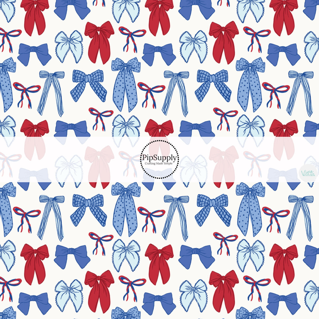 These patriotic fabric by the yard features red and blue bows. This fun pattern fabric can be used for all your sewing and crafting needs!