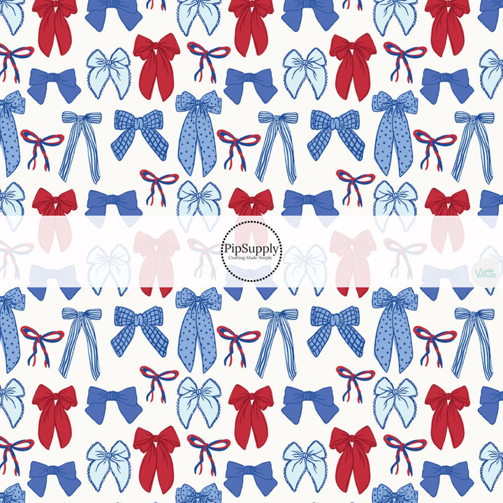 These patriotic fabric by the yard features red and blue bows. This fun pattern fabric can be used for all your sewing and crafting needs!