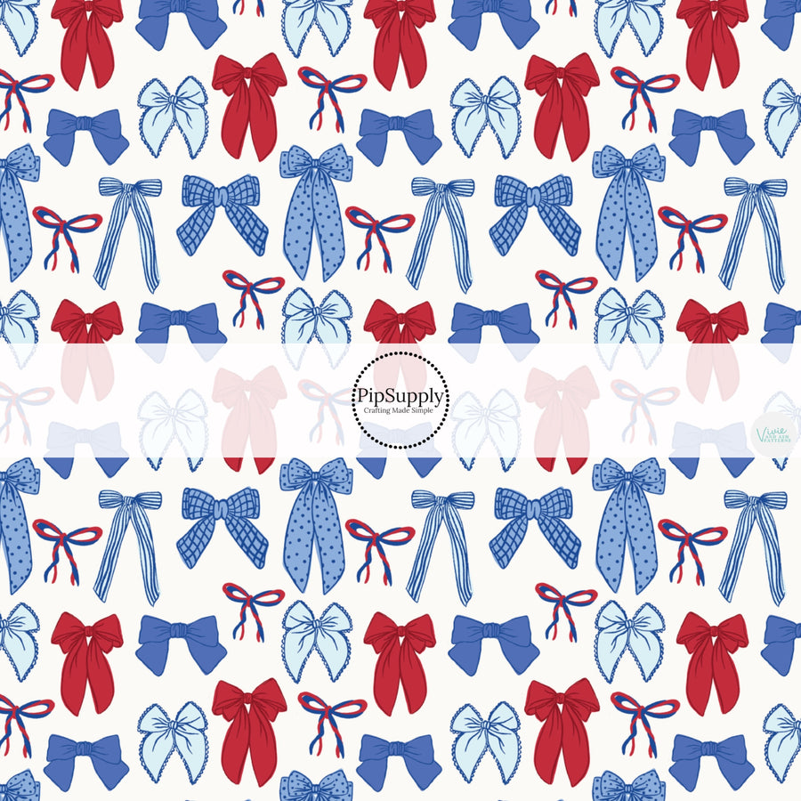 These patriotic fabric by the yard features red and blue bows. This fun pattern fabric can be used for all your sewing and crafting needs!