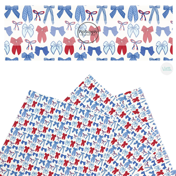 These patriotic faux leather sheets contain the following design elements: red and blue bows. Our CPSIA compliant faux leather sheets or rolls can be used for all types of crafting projects.