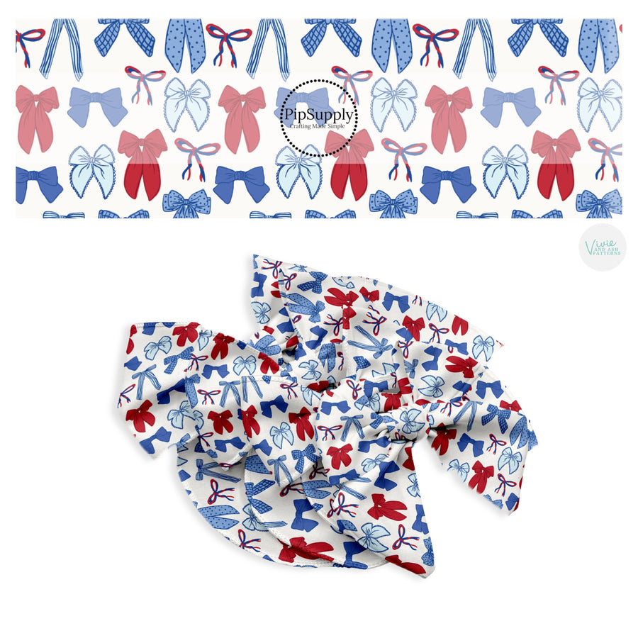 These patriotic bow pattern no sew bow strips can be easily tied and attached to a clip for a finished hair bow. These festive bow strips are great for personal use or to sell. These bow strips feature the following design elements: red and blue bows.