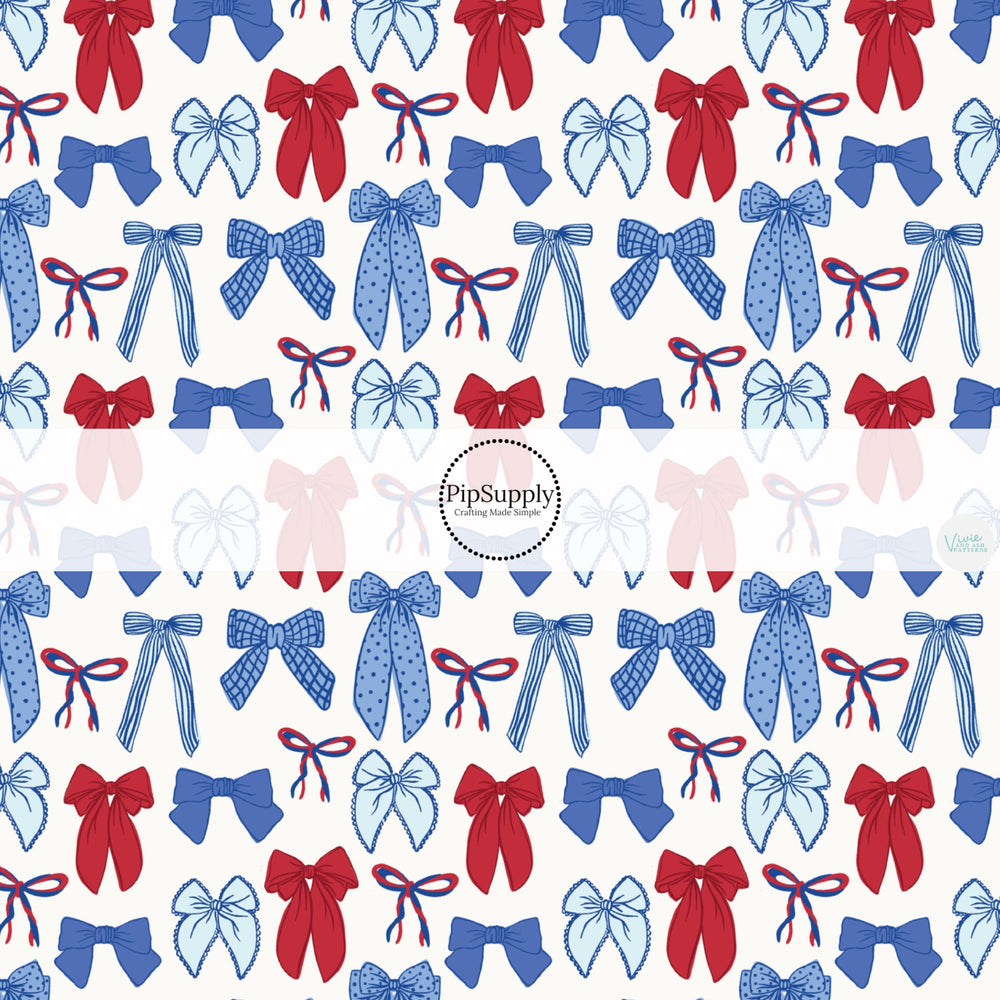 These patriotic bow pattern no sew bow strips can be easily tied and attached to a clip for a finished hair bow. These festive bow strips are great for personal use or to sell. These bow strips feature the following design elements: red and blue bows.