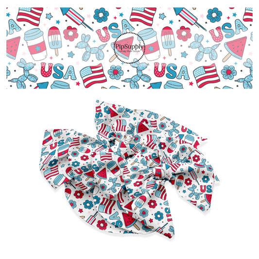 These 4th of July themed no sew bow strips can be easily tied and attached to a clip for a finished hair bow. These patterned bow strips are great for personal use or to sell. These bow strips feature popsicles, fireworks, patterned "USA" words, American flags, and tiny patriotic stars.