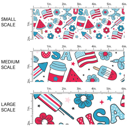 This scale chart of small scale, medium scale, and large scale of this 4th of July fabric by the yard features popsicles, fireworks, patterned "USA" words, American flags, and tiny patriotic stars. This fun patriotic themed fabric can be used for all your sewing and crafting needs!