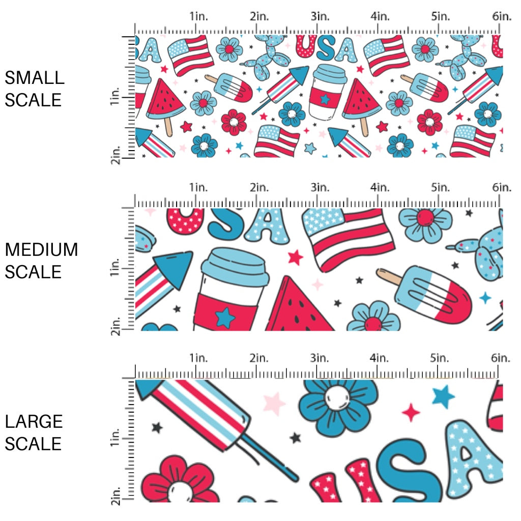 This scale chart of small scale, medium scale, and large scale of this 4th of July fabric by the yard features popsicles, fireworks, patterned "USA" words, American flags, and tiny patriotic stars. This fun patriotic themed fabric can be used for all your sewing and crafting needs!