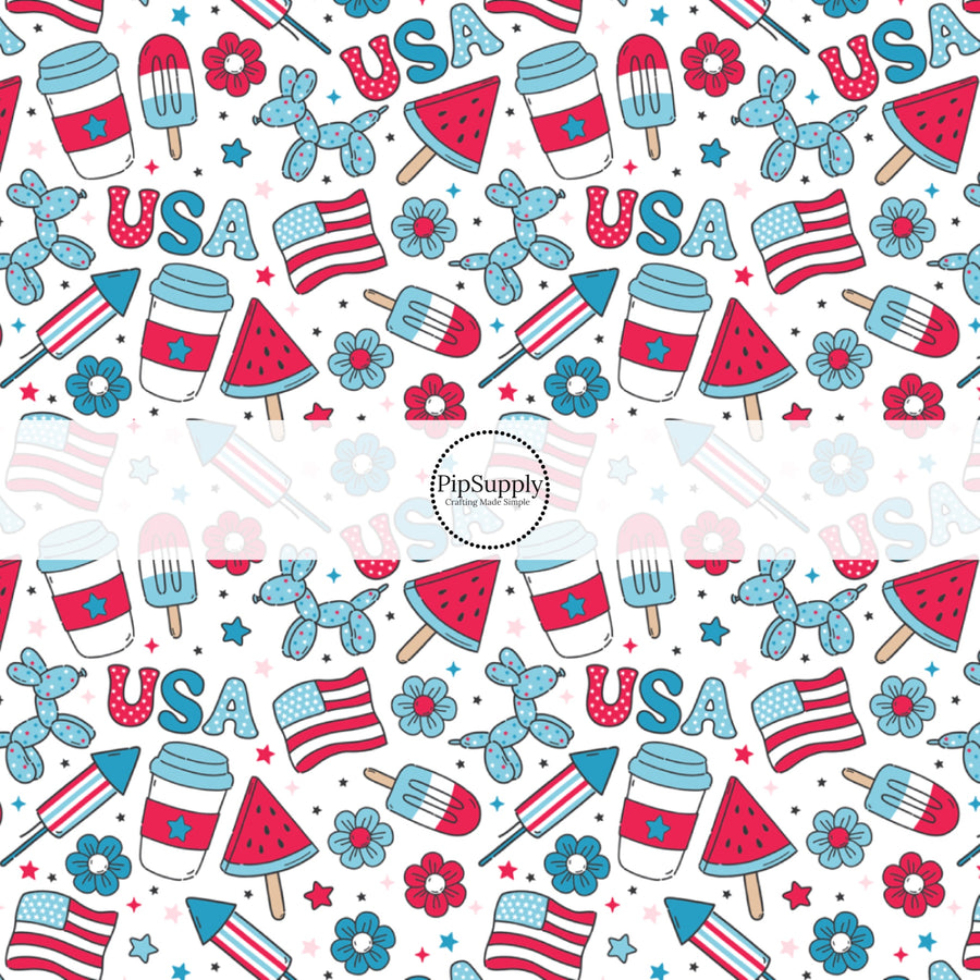 This 4th of July fabric by the yard features popsicles, fireworks, patterned "USA" words, American flags, and tiny patriotic stars. This fun patriotic themed fabric can be used for all your sewing and crafting needs!