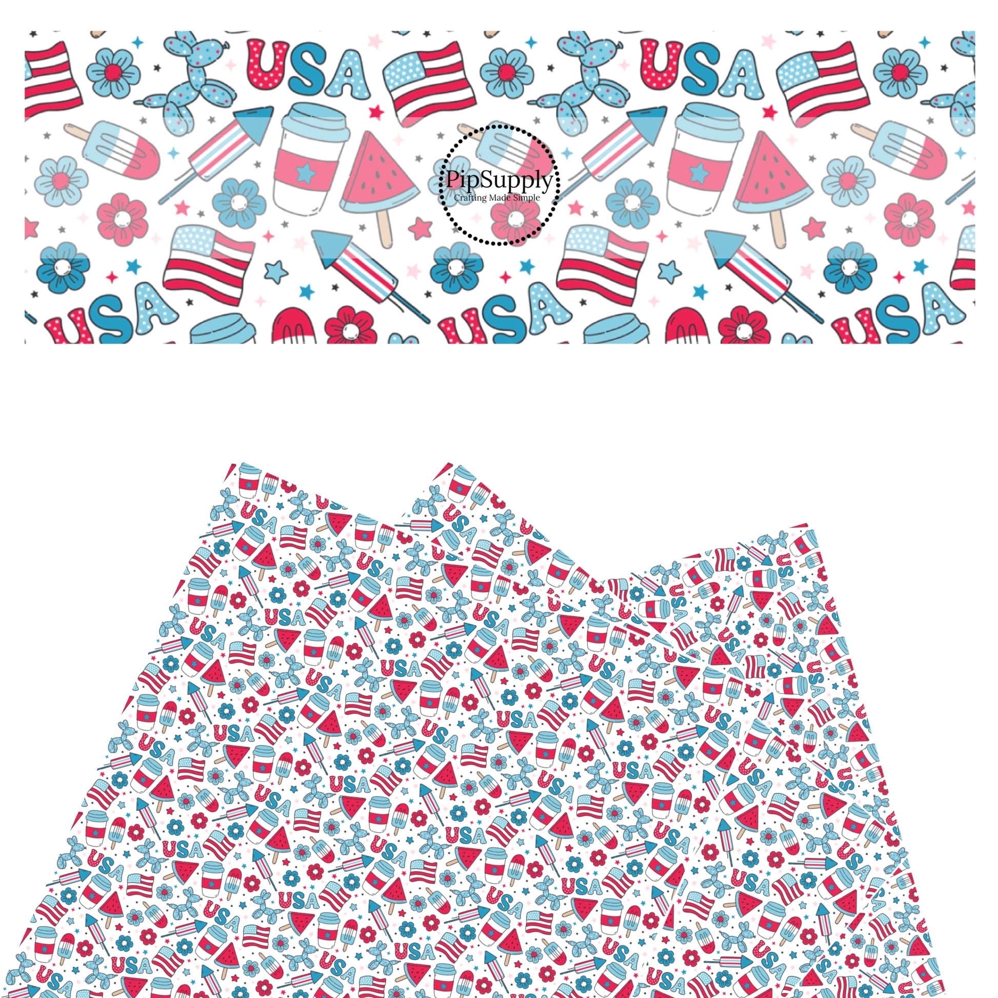 These 4th of July faux leather sheets contain the following design elements: popsicles, fireworks, patterned "USA" words, American flags, and tiny patriotic stars. Our CPSIA compliant faux leather sheets or rolls can be used for all types of crafting projects.