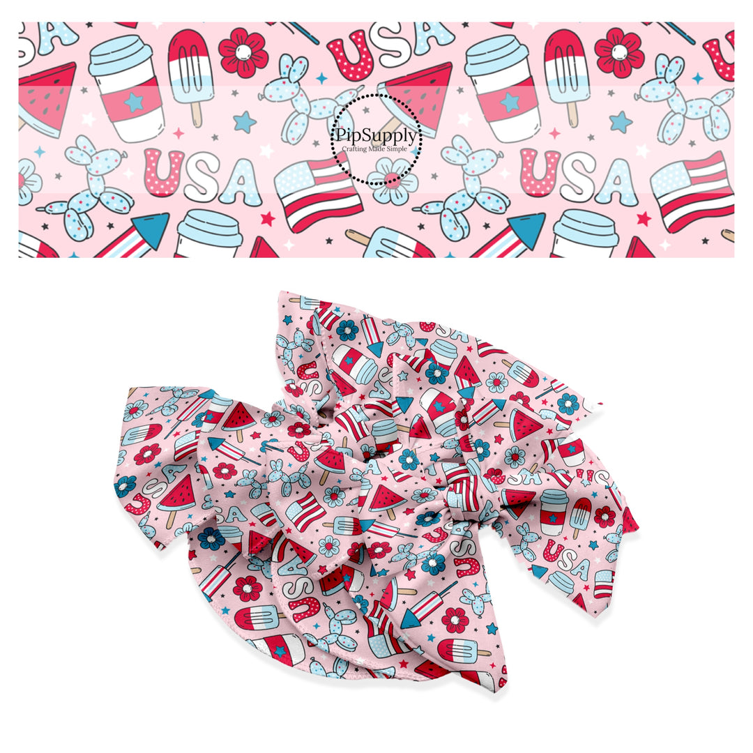 These 4th of July themed no sew bow strips can be easily tied and attached to a clip for a finished hair bow. These patterned bow strips are great for personal use or to sell. These bow strips feature popsicles, fireworks, patterned "USA" words, American flags, and tiny patriotic stars.