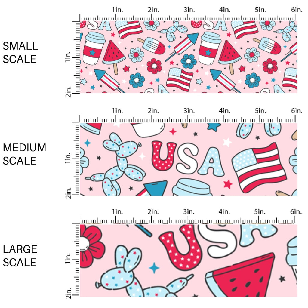 This scale chart of small scale, medium scale, and large scale of this 4th of July fabric by the yard features popsicles, fireworks, patterned "USA" words, American flags, and tiny patriotic stars. This fun patriotic themed fabric can be used for all your sewing and crafting needs!