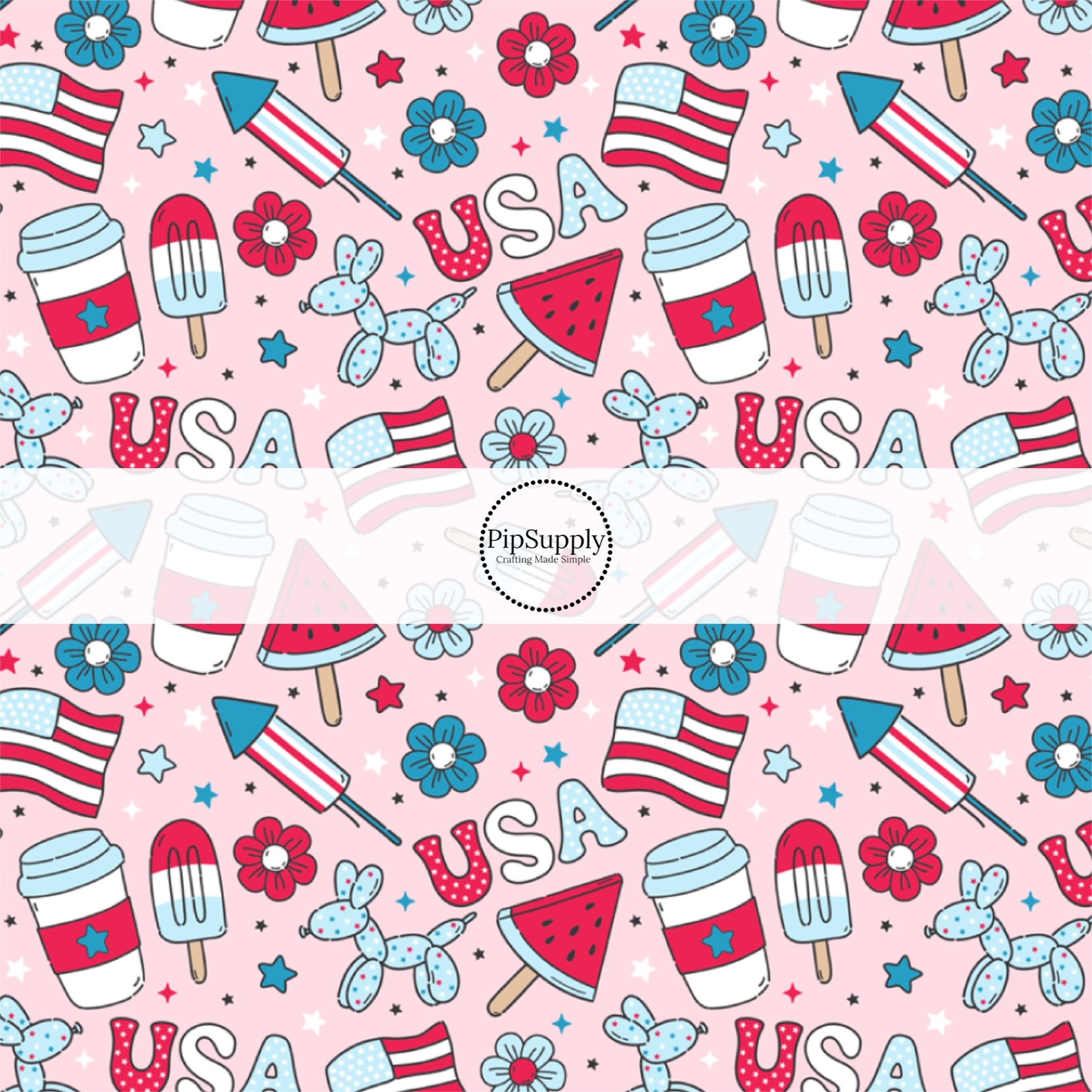 This 4th of July fabric by the yard features popsicles, fireworks, patterned "USA" words, American flags, and tiny patriotic stars. This fun patriotic themed fabric can be used for all your sewing and crafting needs!