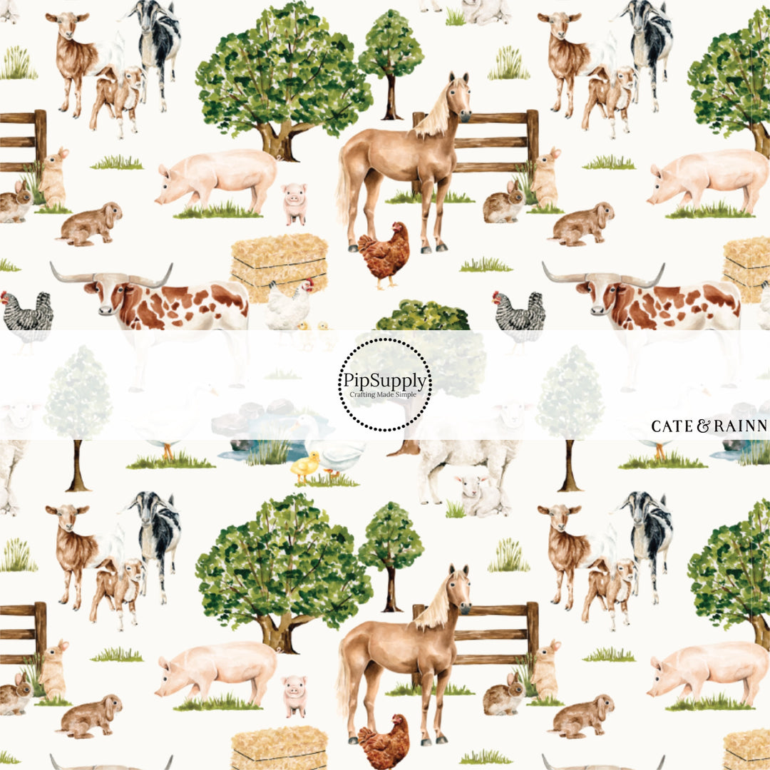 These spring and summer pattern fabric by the yard features farm and meadow animals. This fun fabric can be used for all your sewing and crafting needs!