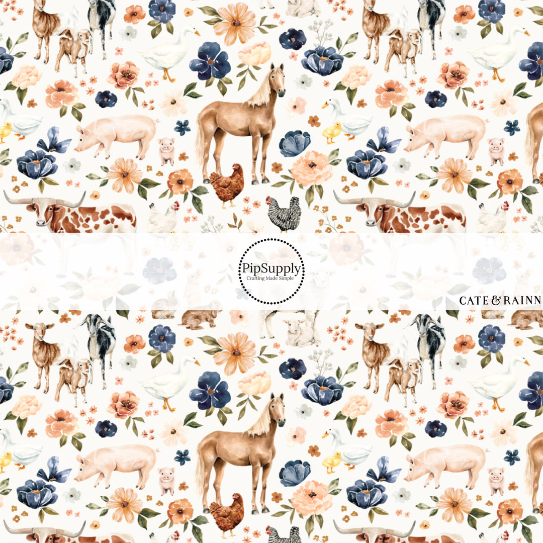 These spring and summer pattern fabric by the yard features farm and meadow animals. This fun fabric can be used for all your sewing and crafting needs!