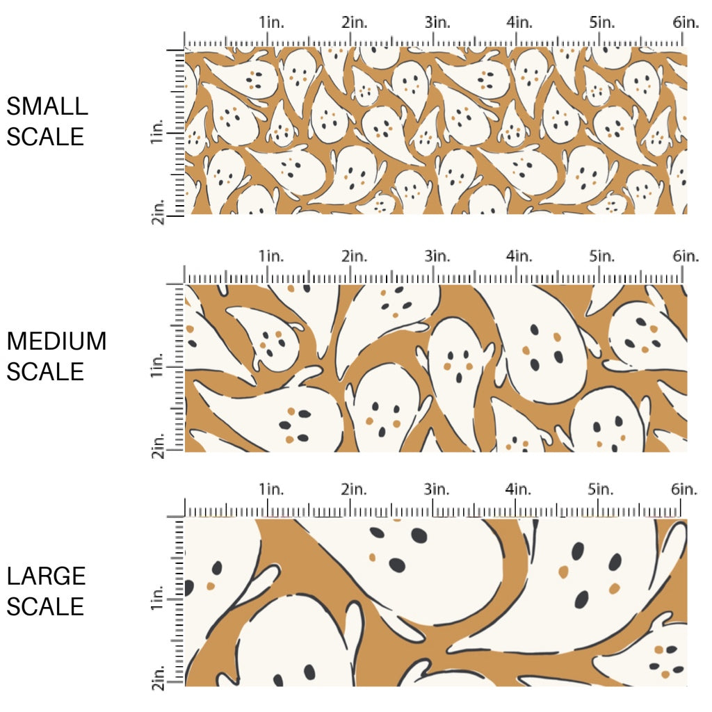 This scale chart of small scale, medium scale, and large scale of these Halloween themed pattern fabric by the yard features the following design elements: white ghost on golden brown. This fun spooky themed fabric can be used for all your sewing and crafting needs!