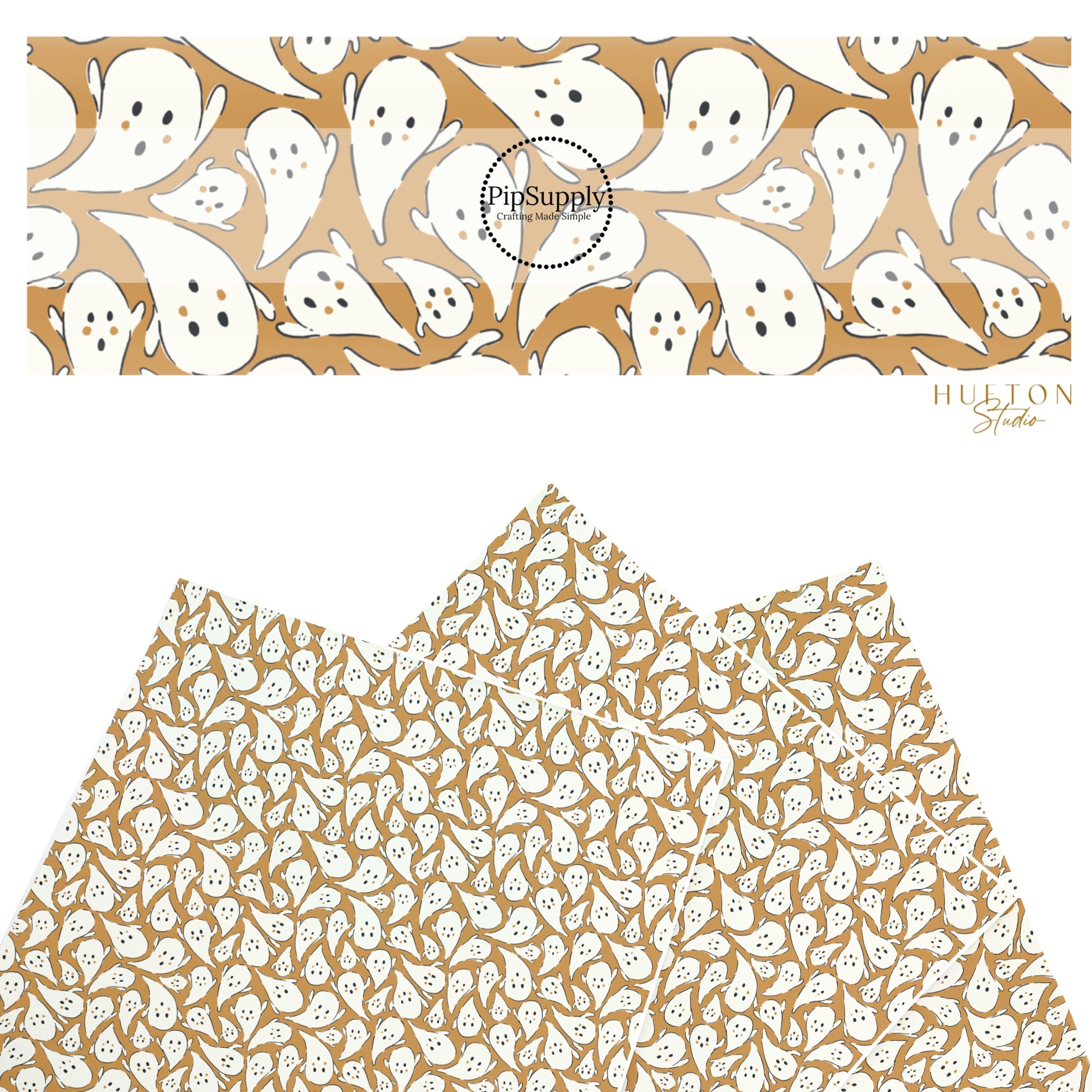 These Halloween themed pattern faux leather sheets contain the following design elements: white ghost on golden brown. Our CPSIA compliant faux leather sheets or rolls can be used for all types of crafting projects.