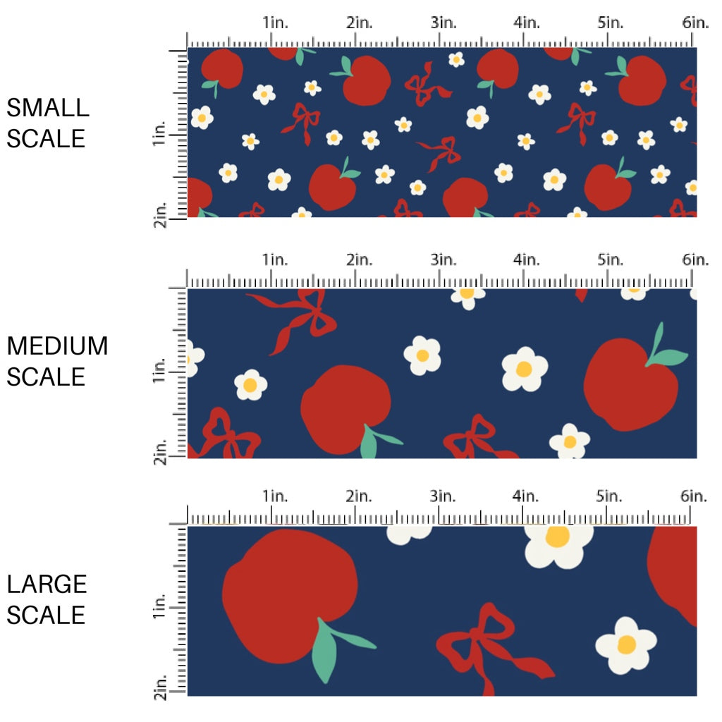 This scale chart of small scale, medium scale, and large scale of these school themed fabric by the yard features red apples, tiny daisies, and bows on blue. This fun themed fabric can be used for all your sewing and crafting needs!