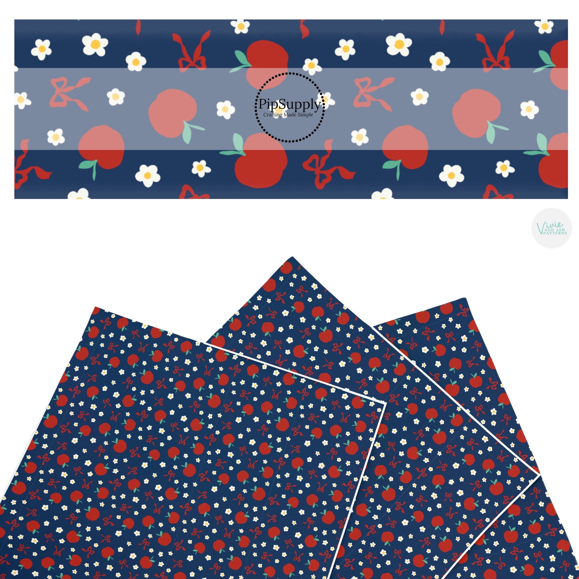 These school themed faux leather sheets contain the following design elements: red apples, tiny daisies, and bows on blue. Our CPSIA compliant faux leather sheets or rolls can be used for all types of crafting projects.