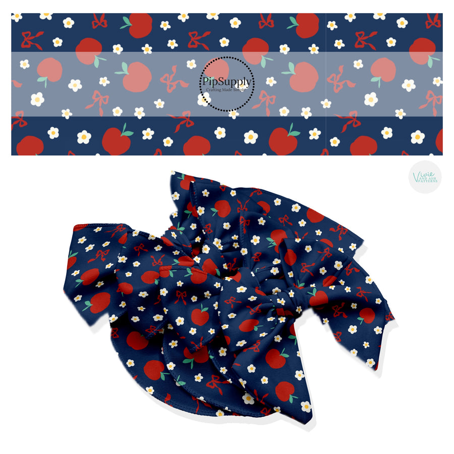 These school themed no sew bow strips can be easily tied and attached to a clip for a finished hair bow. These fun patterned bow strips are great for personal use or to sell. These bow strips feature red apples, tiny daisies, and bows on blue.