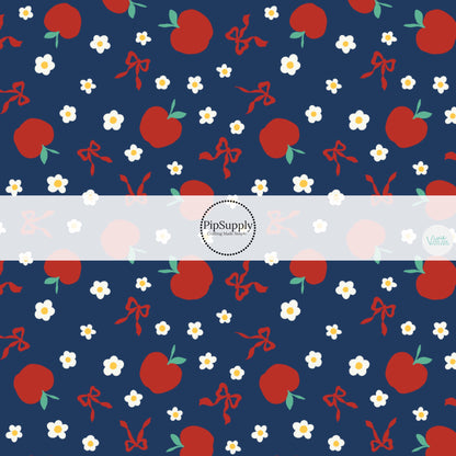 These school themed no sew bow strips can be easily tied and attached to a clip for a finished hair bow. These fun patterned bow strips are great for personal use or to sell. These bow strips feature red apples, tiny daisies, and bows on blue.