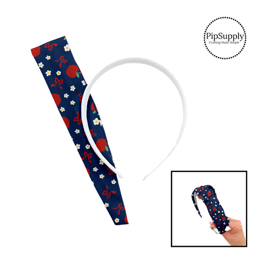 These school themed patterned headband kits are easy to assemble and come with everything you need to make your own knotted headband. These fun kits include a custom printed and sewn fabric strip and a coordinating velvet headband. This cute pattern features red apples, tiny daisies, and bows on blue.